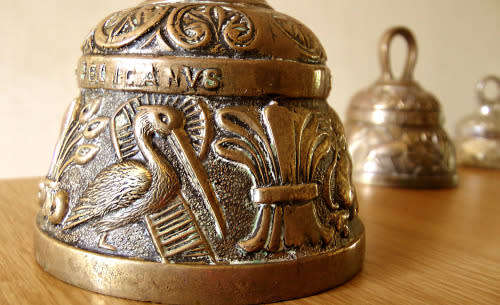 3 Victorian Ornate Peerage Solid Brass Sanctuary Church Bell Acnvs Pelicanvs Leo Aqvila, Patina, EUC