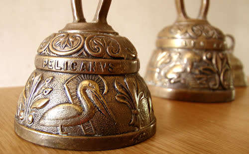 3 Victorian Ornate Peerage Solid Brass Sanctuary Church Bell Acnvs Pelicanvs Leo Aqvila, Patina, EUC