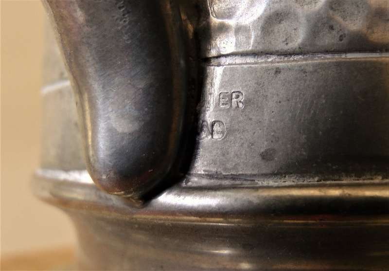 ER Marked English 1 Pint Hammered Pewter Tankard, Glass Bottom Base, Scroll Handle, Engraveable, EUC