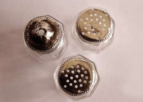 Sterling and Crystal Glass Miniature Picnic Travelling Cruet Set Salt Pepper Pots 1900-40 France EUC