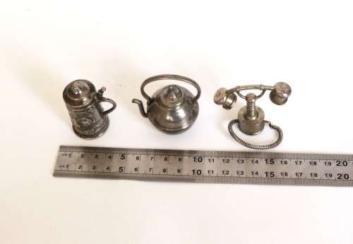 Vintage metal miniature kettle, miniature beer stein, miniature retro telephone figurine 1950-60