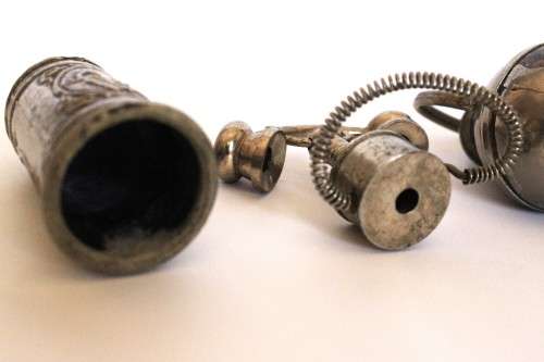 Vintage metal miniature kettle, miniature beer stein, miniature retro telephone figurine 1950-60