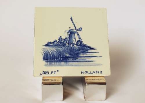 Antique Delft Blue Dutch Delftware Tile w/Windmill Hand Painted Faience Netherlands Holland c1900