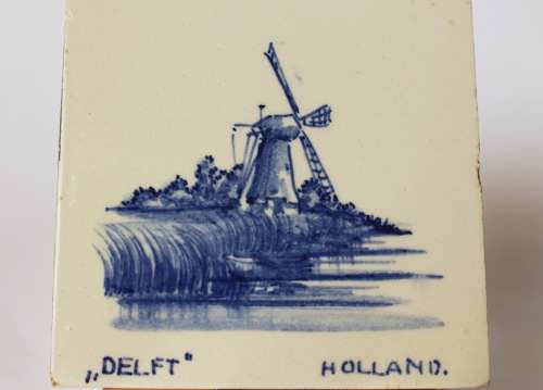 Antique Delft Blue Dutch Delftware Tile w/Windmill Hand Painted Faience Netherlands Holland c1900