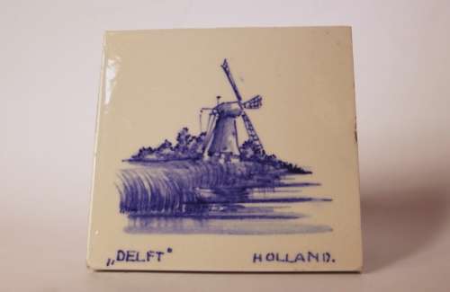 Antique Delft Blue Dutch Delftware Tile w/Windmill Hand Painted Faience Netherlands Holland c1900