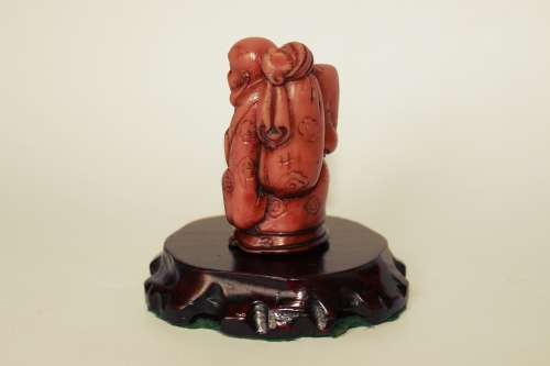 Vintage Hotei Laughing Buddha With Money Bag and Fan Resin Figurine on Wood Display Stand c1950s EUC