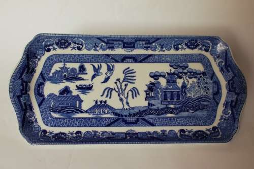 Antique Johnson Brothers Blue Willow Platter Cobalt Blue China, Victorian England Chinoiserie, EUC