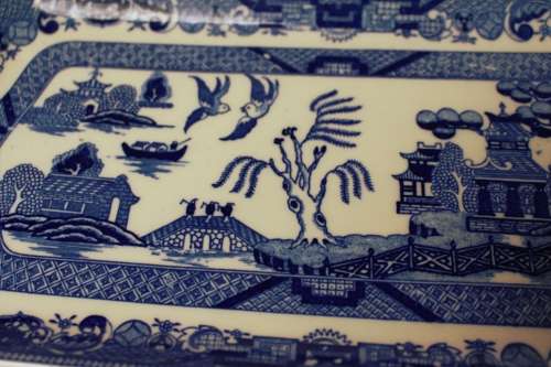 Antique Johnson Brothers Blue Willow Platter Cobalt Blue China, Victorian England Chinoiserie, EUC