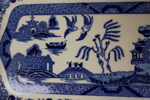Antique Johnson Brothers Blue Willow Platter Cobalt Blue China, Victorian England Chinoiserie, EUC