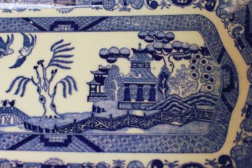 Antique Johnson Brothers Blue Willow Platter Cobalt Blue China, Victorian England Chinoiserie, EUC