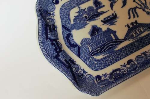 Antique Johnson Brothers Blue Willow Platter Cobalt Blue China, Victorian England Chinoiserie, EUC