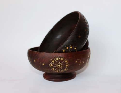 2 Vintage Old Wood Bowl Brass Inlaid Anglo-Indian Hand Made India Excellent Condition