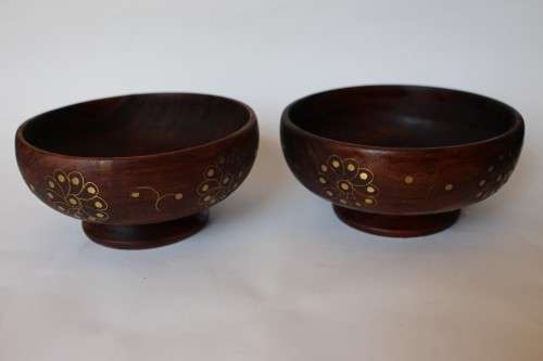 2 Vintage Old Wood Bowl Brass Inlaid Anglo-Indian Hand Made India Excellent Condition