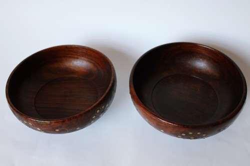 2 Vintage Old Wood Bowl Brass Inlaid Anglo-Indian Hand Made India Excellent Condition