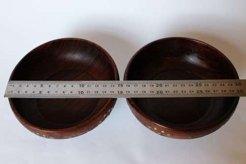 2 Vintage Old Wood Bowl Brass Inlaid Anglo-Indian Hand Made India Excellent Condition