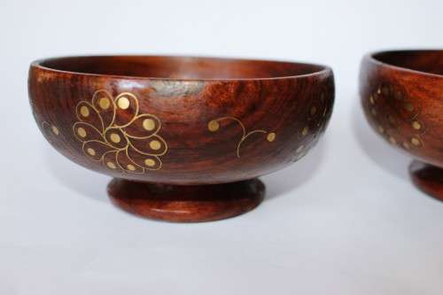 2 Vintage Old Wood Bowl Brass Inlaid Anglo-Indian Hand Made India Excellent Condition