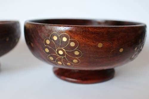 2 Vintage Old Wood Bowl Brass Inlaid Anglo-Indian Hand Made India Excellent Condition