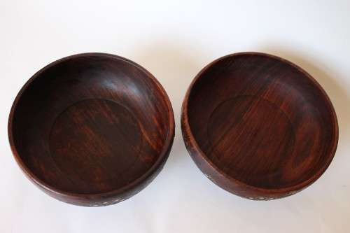 2 Vintage Old Wood Bowl Brass Inlaid Anglo-Indian Hand Made India Excellent Condition