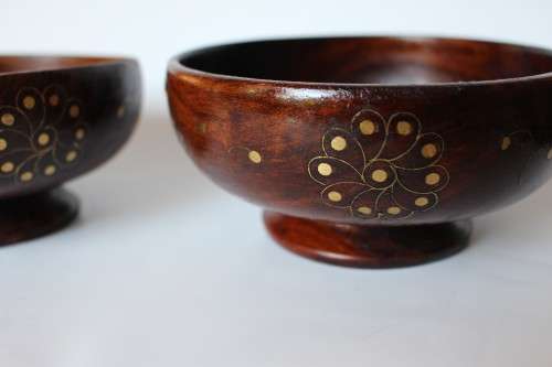 2 Vintage Old Wood Bowl Brass Inlaid Anglo-Indian Hand Made India Excellent Condition