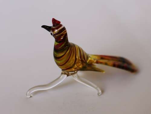 Vintage Murano Style Art Glass Bird Figurine Amber Pheasant On A Branch, Near Mint
