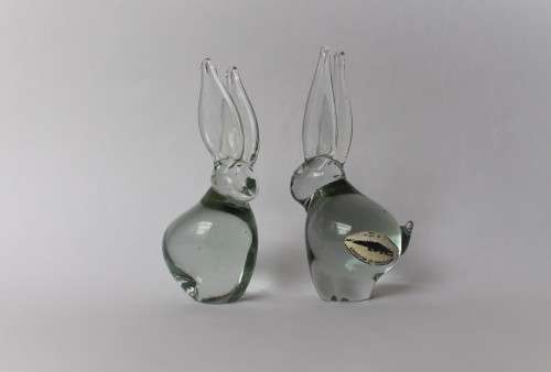 Pair Of Rabbit Figurine Vintage Ngwenya Glass Kingdom of Swaziland w/Sticker, Near Mint