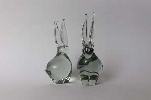 Pair Of Rabbit Figurine Vintage Ngwenya Glass Kingdom of Swaziland w/Sticker, Near Mint