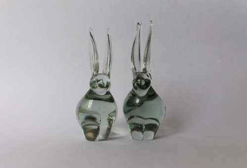 Pair Of Rabbit Figurine Vintage Ngwenya Glass Kingdom of Swaziland w/Sticker, Near Mint