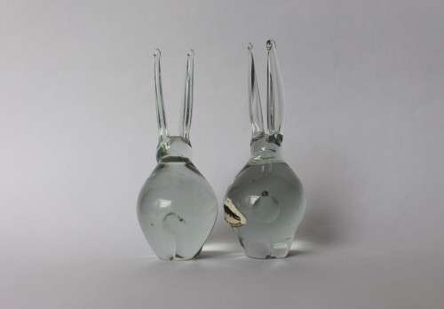 Pair Of Rabbit Figurine Vintage Ngwenya Glass Kingdom of Swaziland w/Sticker, Near Mint