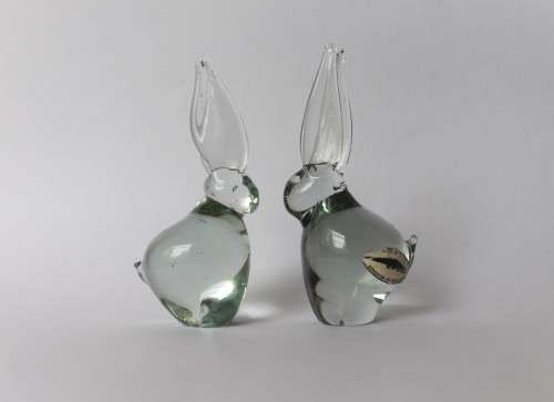 Pair Of Rabbit Figurine Vintage Ngwenya Glass Kingdom of Swaziland w/Sticker, Near Mint