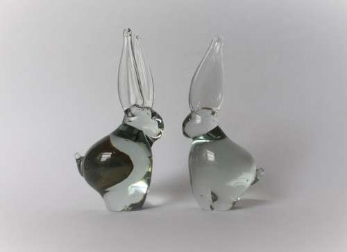 Pair Of Rabbit Figurine Vintage Ngwenya Glass Kingdom of Swaziland w/Sticker, Near Mint