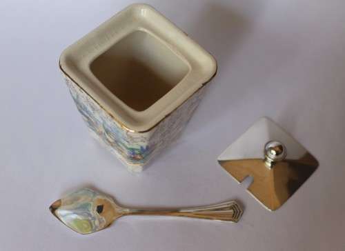 Vintage Lancaster Sandland Ltd Condiment Jar Jam Pot wSpoon England c1944 EUC