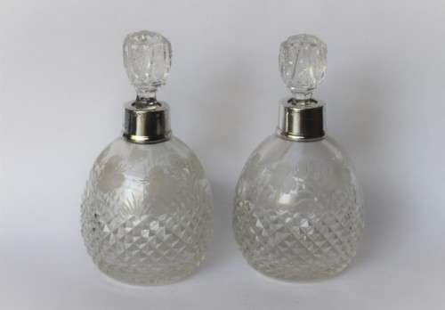 Twin Antique Perfume Bottle Cut Frosted/Clear Crystal Glass Sterling Silver Edwardian England EUC
