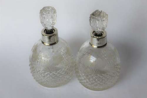 Twin Antique Perfume Bottle Cut Frosted/Clear Crystal Glass Sterling Silver Edwardian England EUC