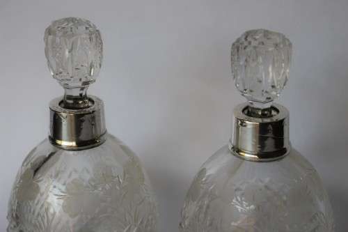 Twin Antique Perfume Bottle Cut Frosted/Clear Crystal Glass Sterling Silver Edwardian England EUC