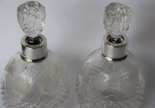 Twin Antique Perfume Bottle Cut Frosted/Clear Crystal Glass Sterling Silver Edwardian England EUC