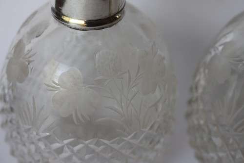 Twin Antique Perfume Bottle Cut Frosted/Clear Crystal Glass Sterling Silver Edwardian England EUC