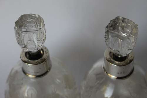 Twin Antique Perfume Bottle Cut Frosted/Clear Crystal Glass Sterling Silver Edwardian England EUC