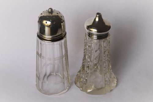 Large English Sterling Silver Top Cut Glass Body Cruet Set Salt Shaker w/ Dressing Bottle c1920s EUC