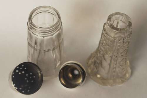Large English Sterling Silver Top Cut Glass Body Cruet Set Salt Shaker w/ Dressing Bottle c1920s EUC