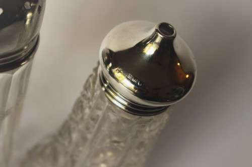 Large English Sterling Silver Top Cut Glass Body Cruet Set Salt Shaker w/ Dressing Bottle c1920s EUC