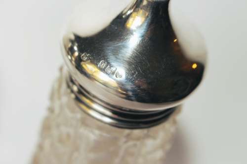 Large English Sterling Silver Top Cut Glass Body Cruet Set Salt Shaker w/ Dressing Bottle c1920s EUC