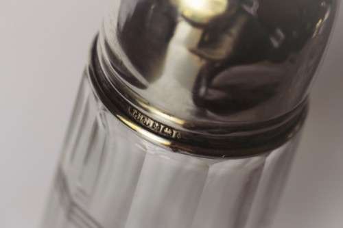 Large English Sterling Silver Top Cut Glass Body Cruet Set Salt Shaker w/ Dressing Bottle c1920s EUC