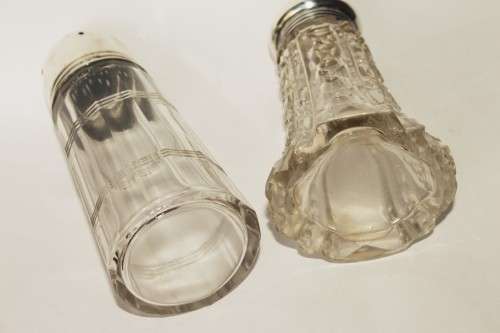 Large English Sterling Silver Top Cut Glass Body Cruet Set Salt Shaker w/ Dressing Bottle c1920s EUC