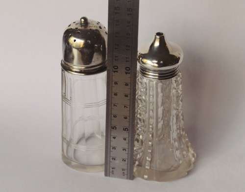 Large English Sterling Silver Top Cut Glass Body Cruet Set Salt Shaker w/ Dressing Bottle c1920s EUC