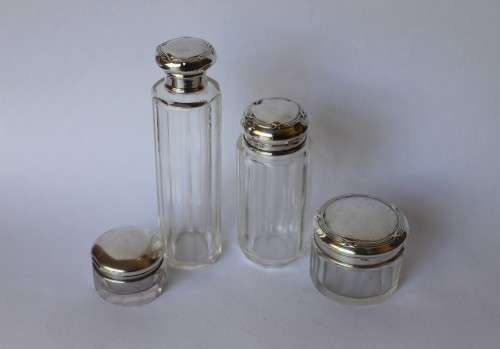 Set of 4 Antique Cut Glass Sterling Silver Top Jar Box Bottle Birmingham c1909 1927 England Great