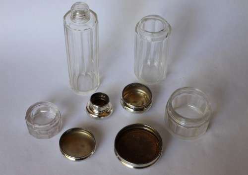 Set of 4 Antique Cut Glass Sterling Silver Top Jar Box Bottle Birmingham c1909 1927 England Great
