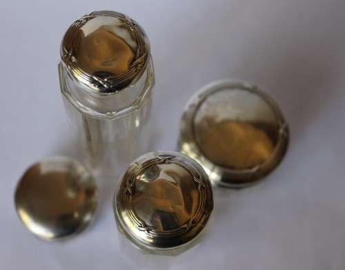 Set of 4 Antique Cut Glass Sterling Silver Top Jar Box Bottle Birmingham c1909 1927 England Great