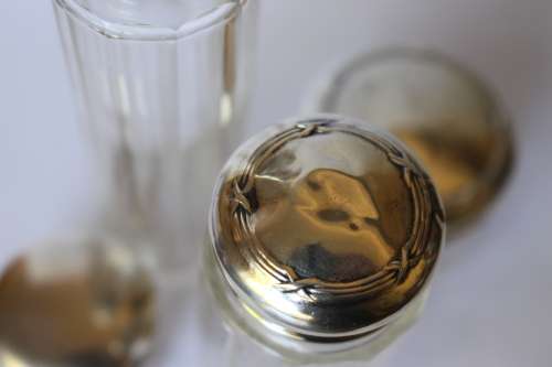 Set of 4 Antique Cut Glass Sterling Silver Top Jar Box Bottle Birmingham c1909 1927 England Great