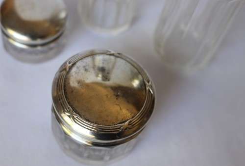 Set of 4 Antique Cut Glass Sterling Silver Top Jar Box Bottle Birmingham c1909 1927 England Great