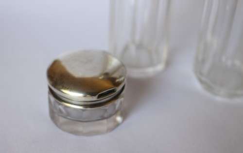Set of 4 Antique Cut Glass Sterling Silver Top Jar Box Bottle Birmingham c1909 1927 England Great